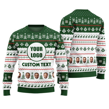 Custom Logo And Text Multiple Faces Ugly Sweater Green
