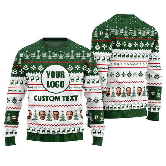 Custom Logo And Text Multiple Faces Ugly Sweater Green