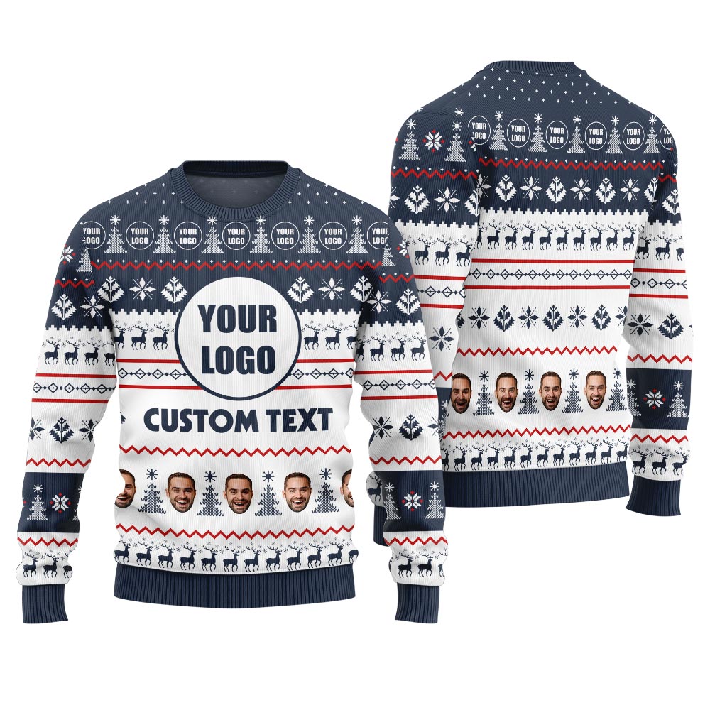 Custom Logo And Text Multiple Faces Ugly Xmas Sweater Navy