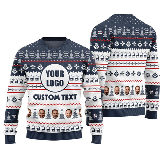Custom Logo And Text Multiple Faces Ugly Xmas Sweater Navy