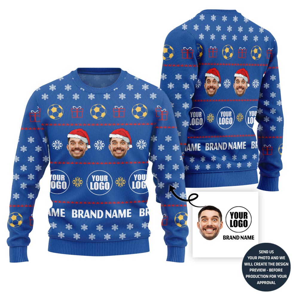 Custom Logo Name And Face Christmas Sweater For Soccer Team