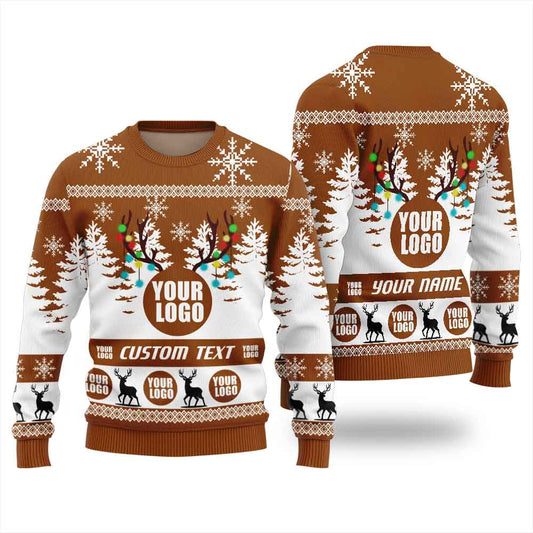 Custom Logo and Text Company Ugly Christmas Sweater Brown