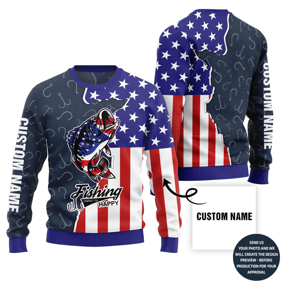 Custom Name American Fishing Ugly Christmas Sweater