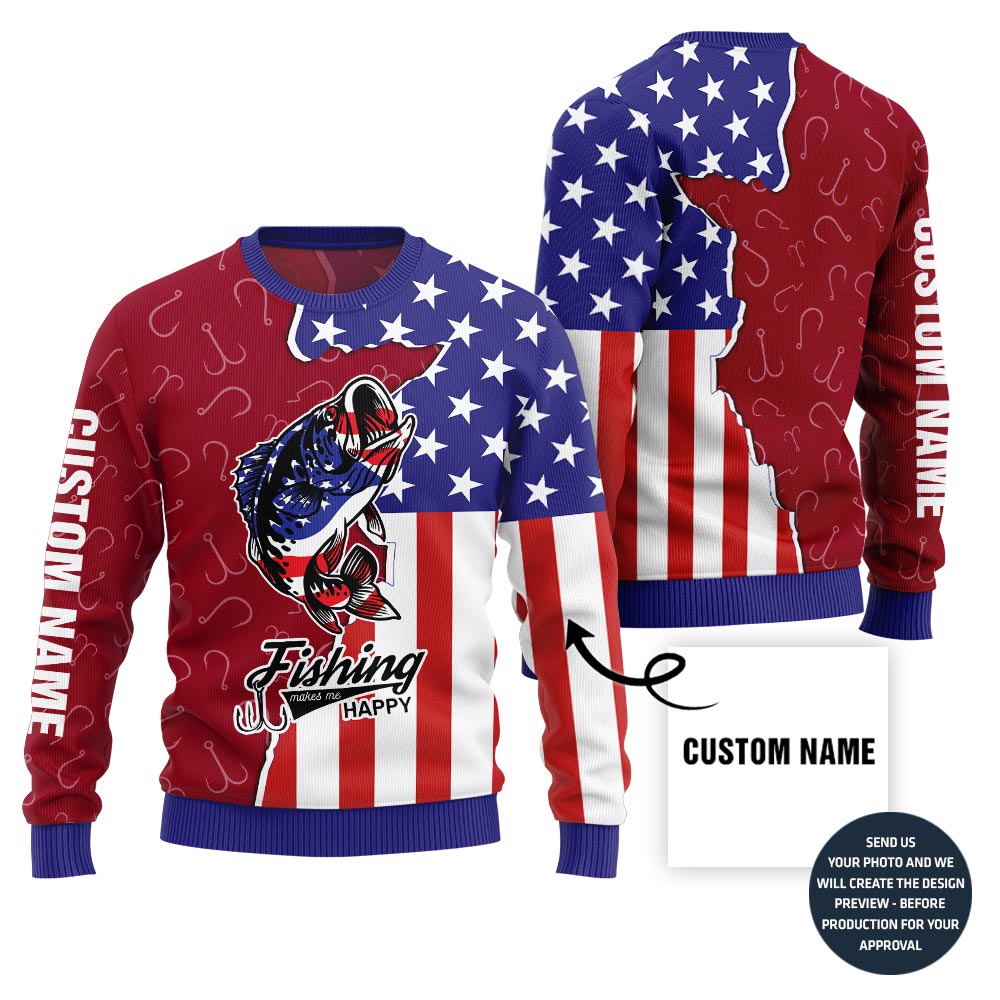 Custom Name American Fishing Ugly Christmas Sweater