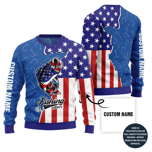 Custom Name American Fishing Ugly Christmas Sweater