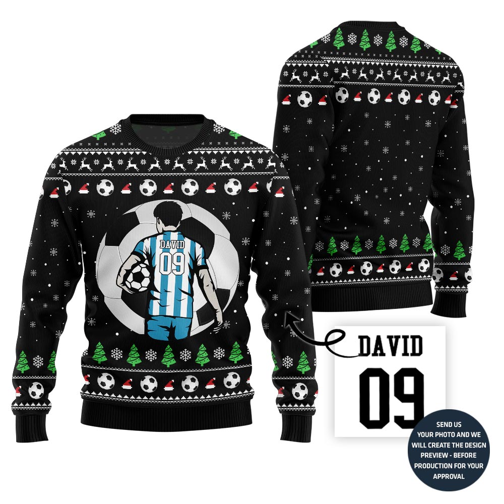 Custom Name And Number Soccer Xmas Sweater For Men