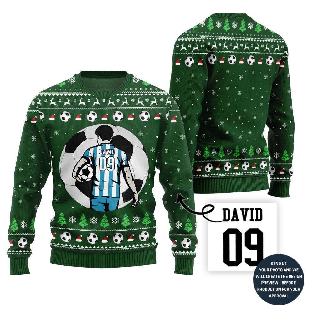 Custom Name And Number Soccer Xmas Sweater For Men