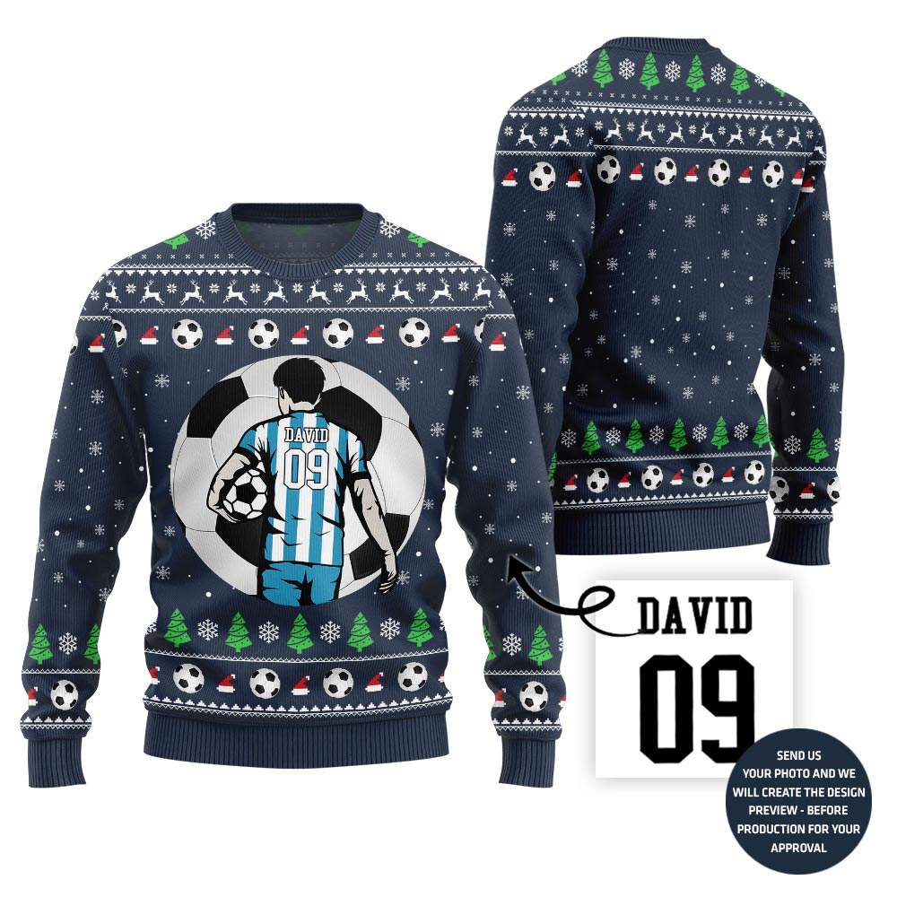 Custom Name And Number Soccer Xmas Sweater For Men