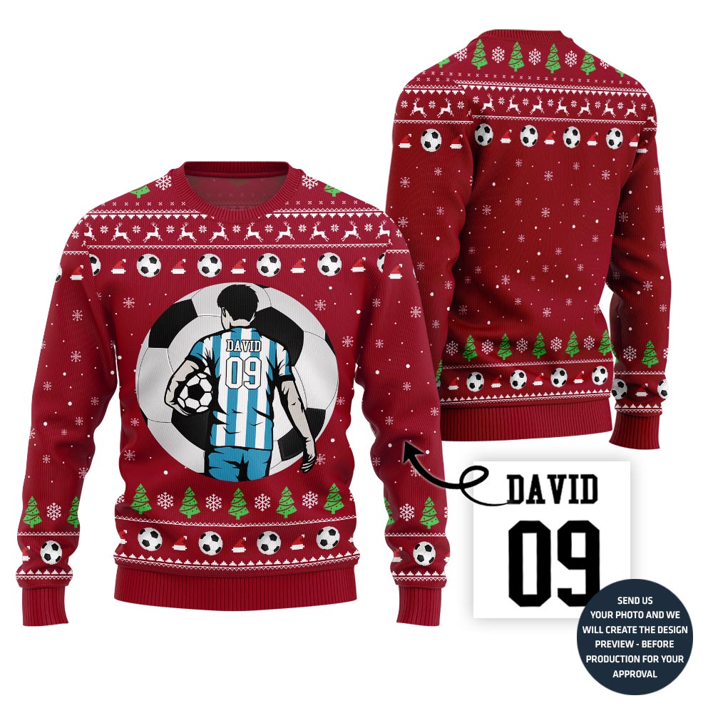Custom Name And Number Soccer Xmas Sweater For Men