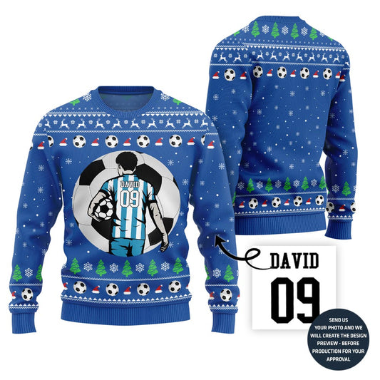 Custom Name And Number Soccer Xmas Sweater For Men