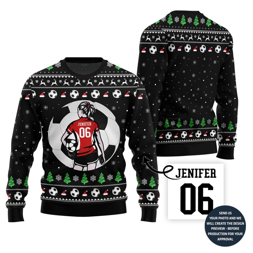 Custom Name And Number Soccer Xmas Sweater For Women