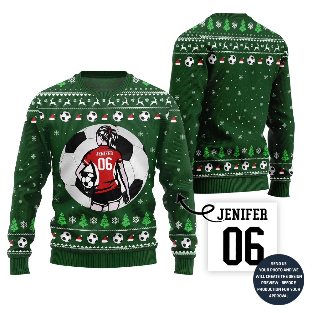 Custom Name And Number Soccer Xmas Sweater For Women