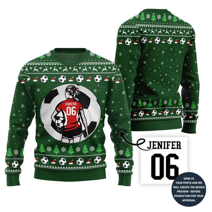 Custom Name And Number Soccer Xmas Sweater For Women