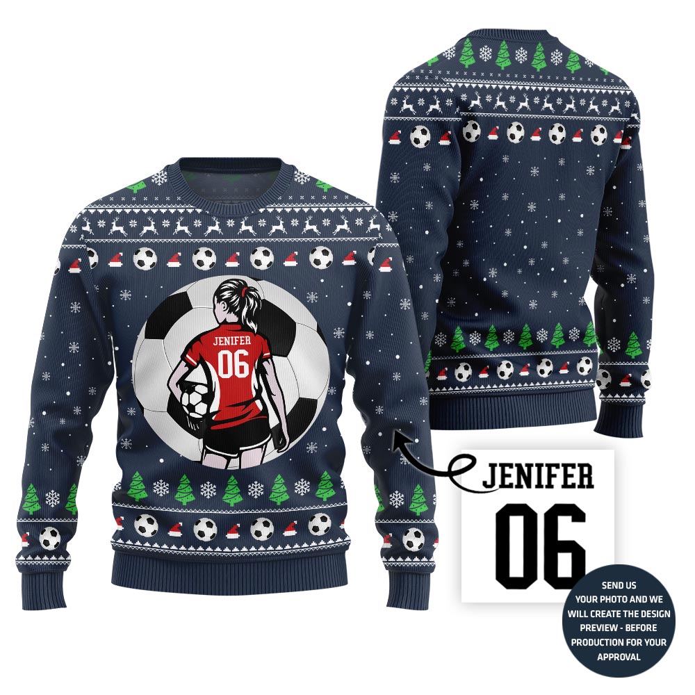 Custom Name And Number Soccer Xmas Sweater For Women