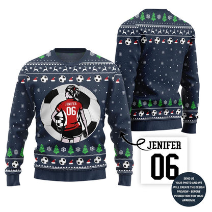 Custom Name And Number Soccer Xmas Sweater For Women