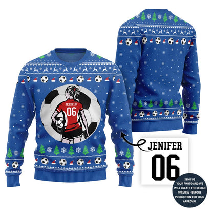 Custom Name And Number Soccer Xmas Sweater For Women