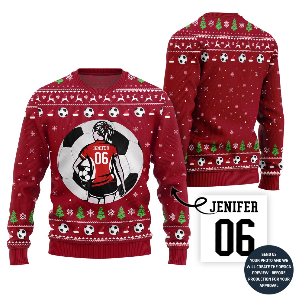 Custom Name And Number Soccer Xmas Sweater For Women