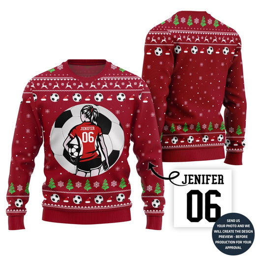 Custom Name And Number Soccer Xmas Sweater For Women