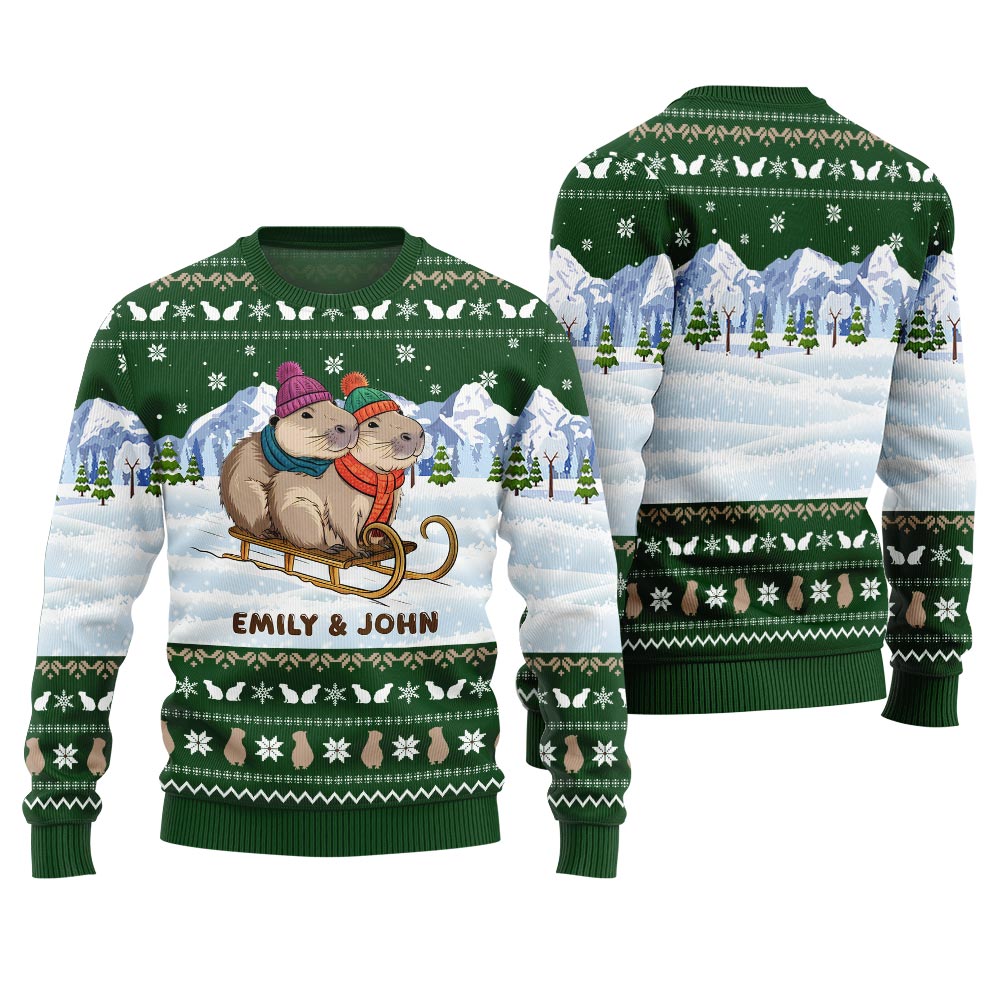 Custom Name Couple Capybaras Christmas Sweater