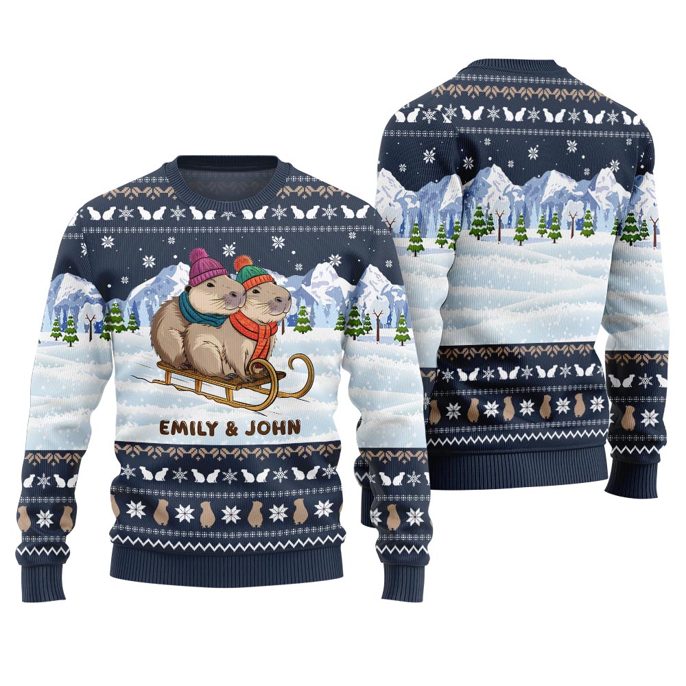Custom Name Couple Capybaras Christmas Sweater