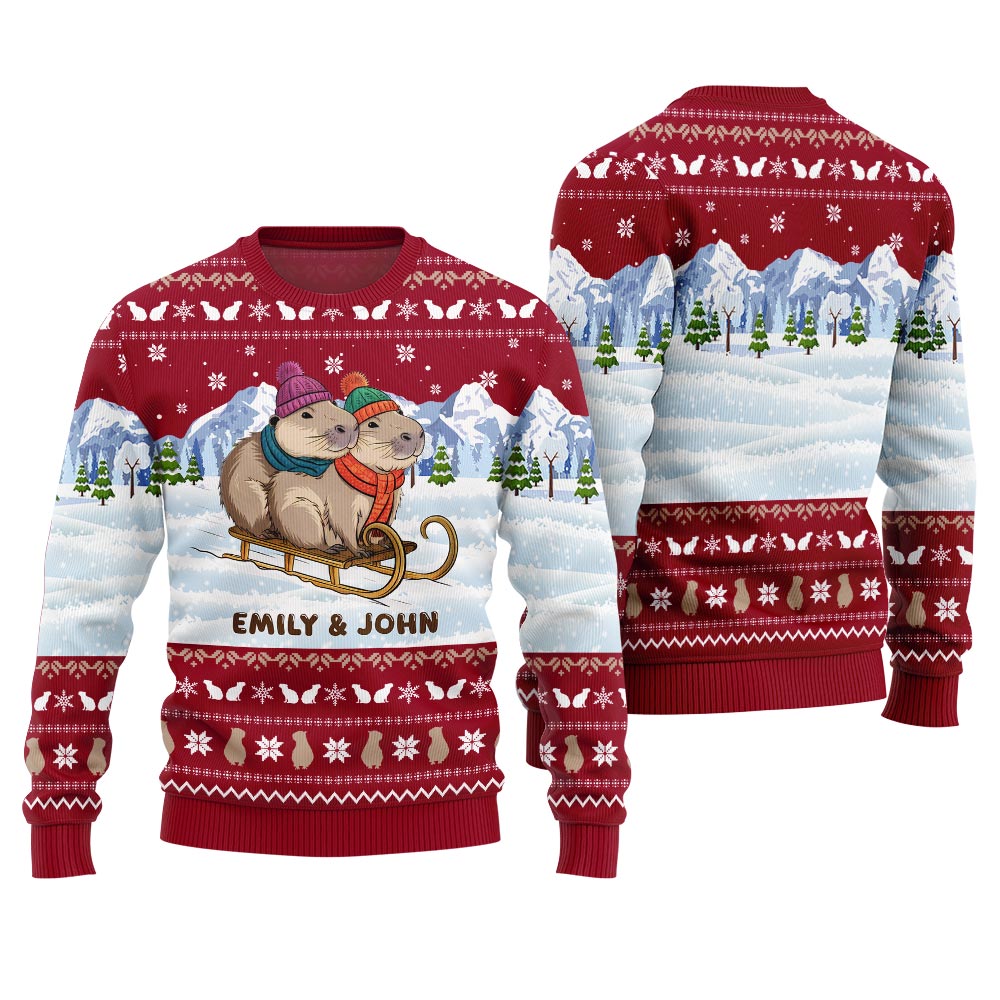 Custom Name Couple Capybaras Christmas Sweater