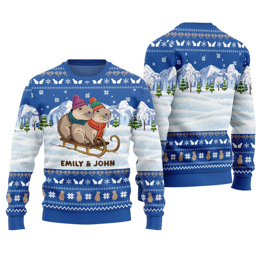Custom Name Couple Capybaras Christmas Sweater