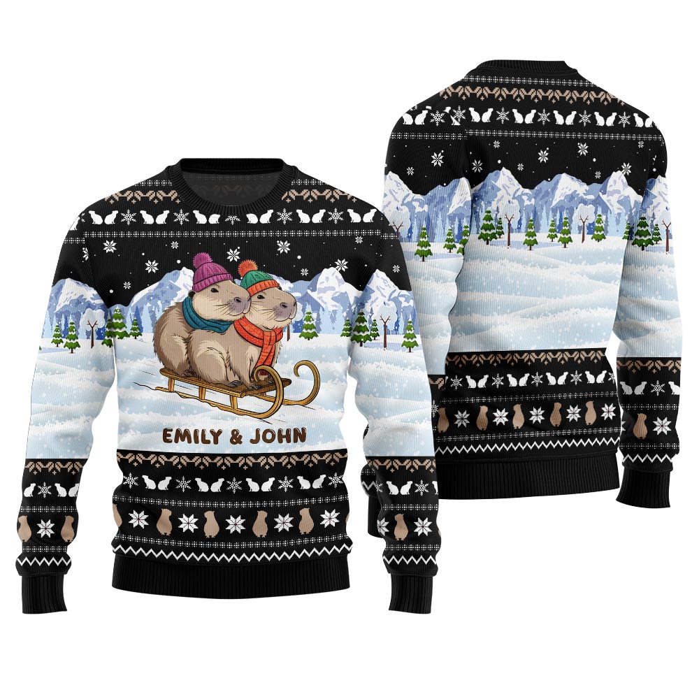 Custom Name Couple Capybaras Christmas Sweater