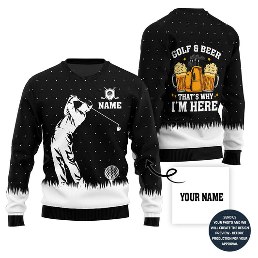 Custom Name Golf And Beer Ugly Xmas Sweater