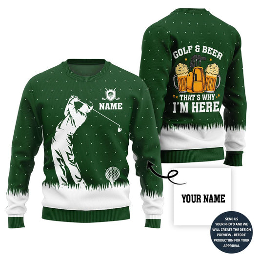 Custom Name Golf And Beer Ugly Xmas Sweater