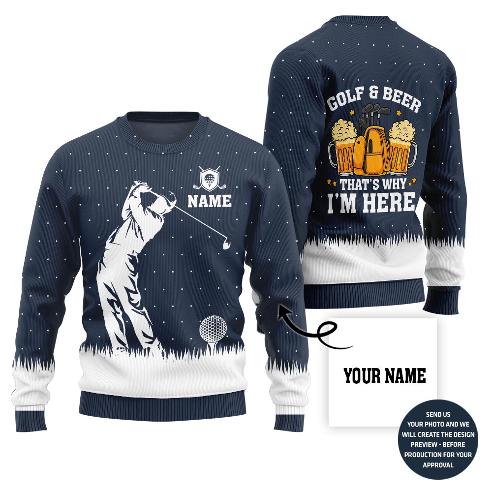 Custom Name Golf And Beer Ugly Xmas Sweater