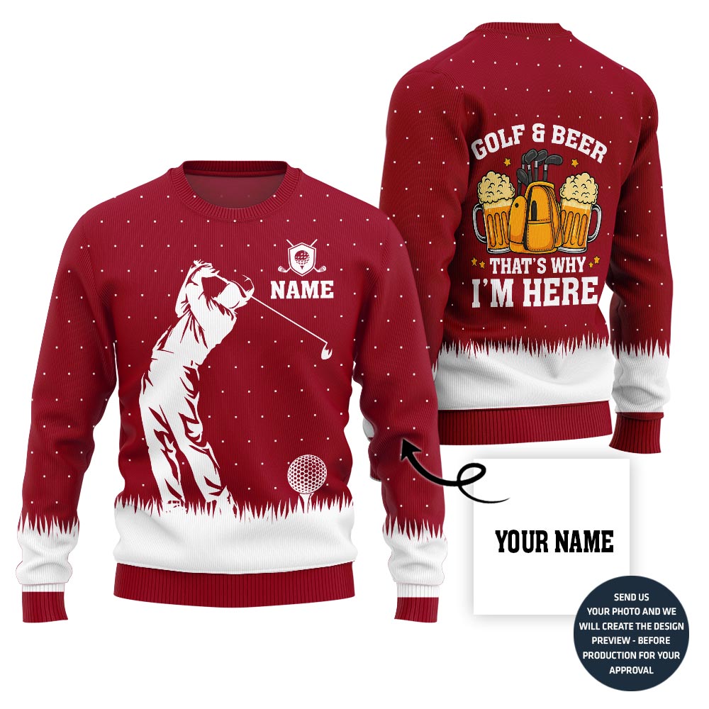 Custom Name Golf And Beer Ugly Xmas Sweater