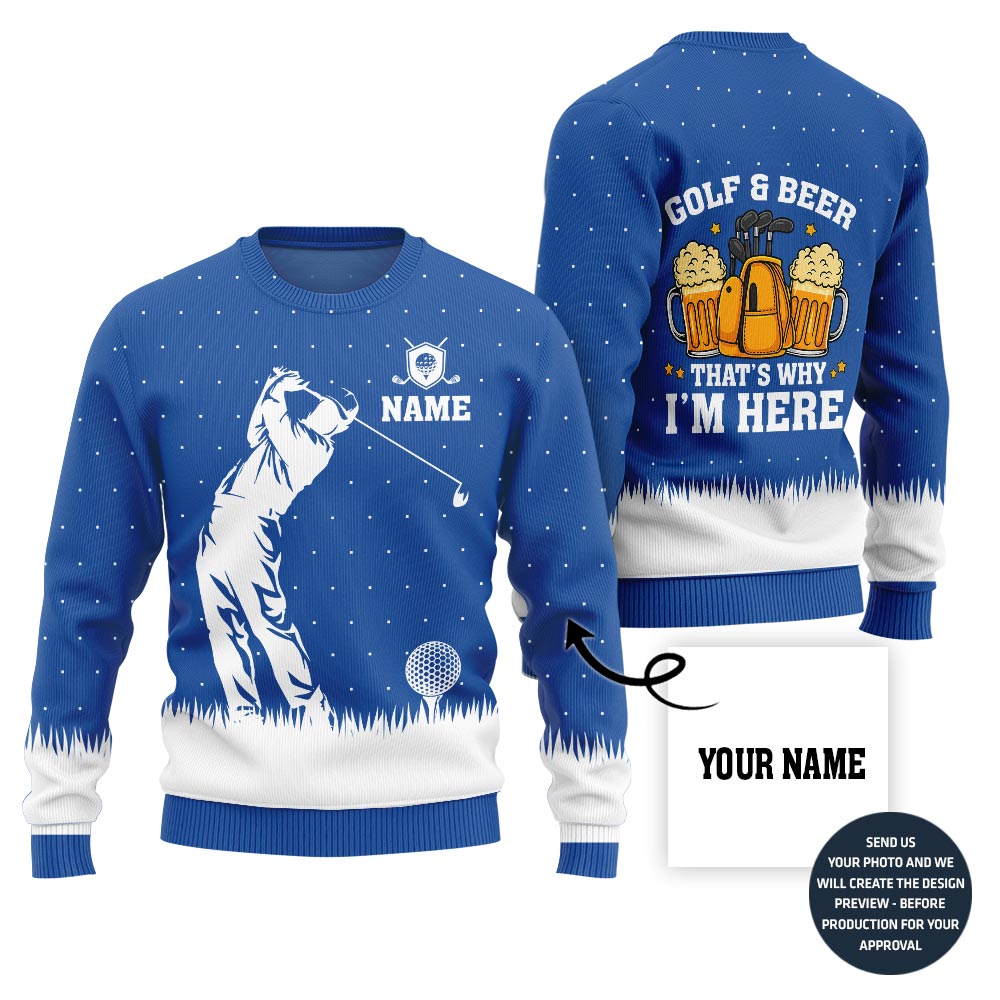 Custom Name Golf And Beer Ugly Xmas Sweater
