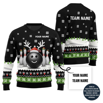 Custom Name Reindeer Bowling Ugly Christmas Sweater