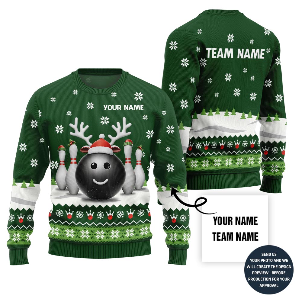 Custom Name Reindeer Bowling Ugly Christmas Sweater