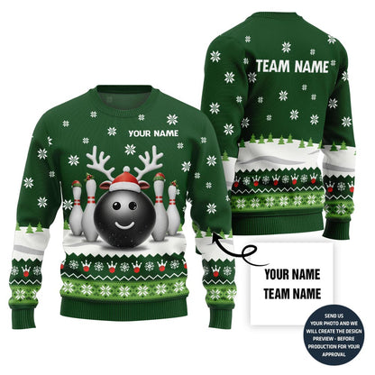 Custom Name Reindeer Bowling Ugly Christmas Sweater