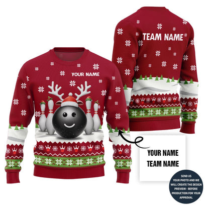 Custom Name Reindeer Bowling Ugly Christmas Sweater