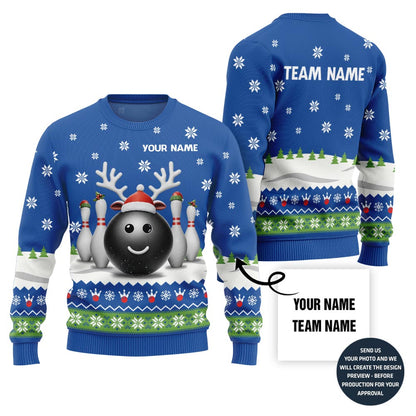 Custom Name Reindeer Bowling Ugly Christmas Sweater