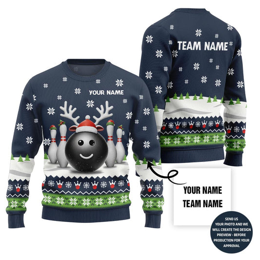 Custom Name Reindeer Bowling Ugly Christmas Sweater