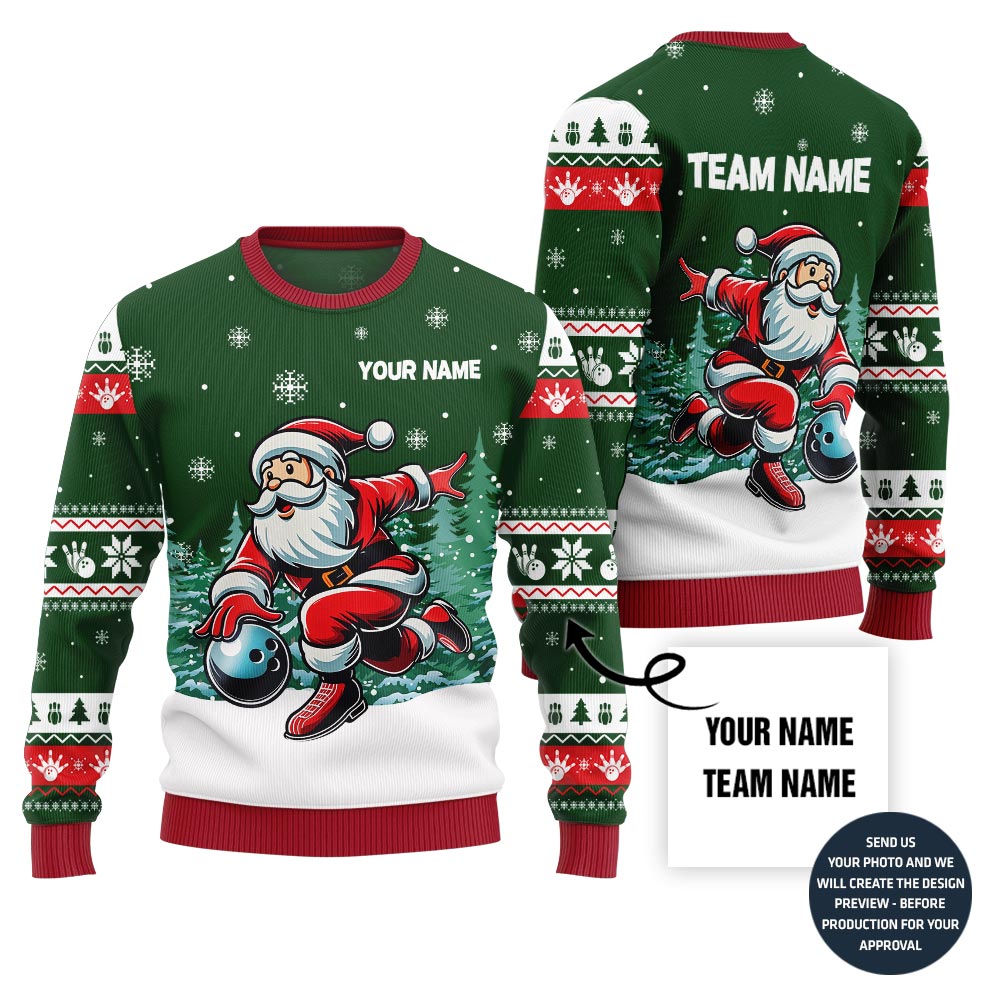 Custom Name Santa Bowling Ugly Holiday Sweater For Bowlers