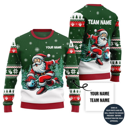 Custom Name Santa Bowling Ugly Holiday Sweater For Bowlers