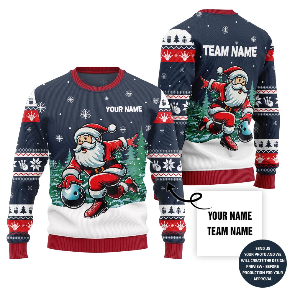 Custom Name Santa Bowling Ugly Holiday Sweater For Bowlers