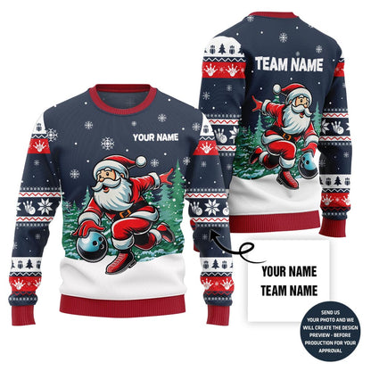 Custom Name Santa Bowling Ugly Holiday Sweater For Bowlers