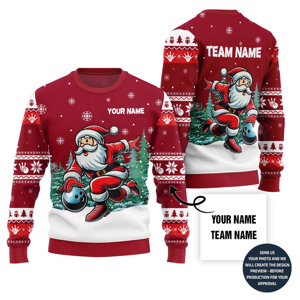 Custom Name Santa Bowling Ugly Holiday Sweater For Bowlers