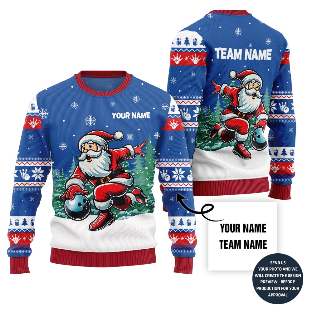 Custom Name Santa Bowling Ugly Holiday Sweater For Bowlers