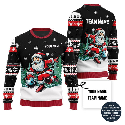 Custom Name Santa Bowling Ugly Holiday Sweater For Bowlers