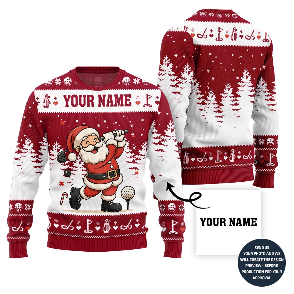 Custom Name Santa Golf Ugly Christmas Sweater