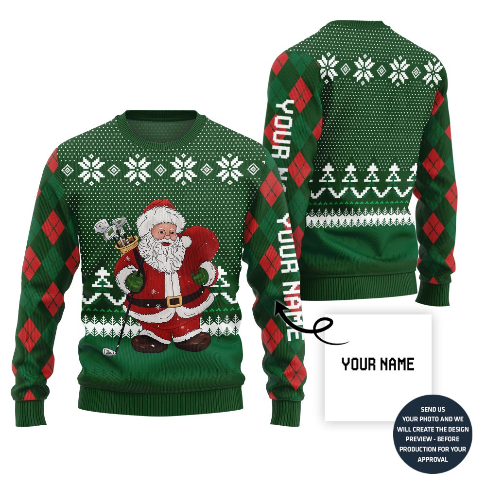 Custom Name Santa Playing Golf Ugly Christmas Sweater