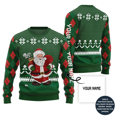 Custom Name Santa Playing Golf Ugly Christmas Sweater