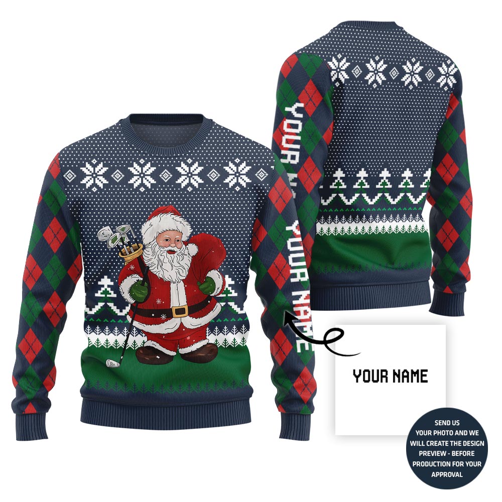 Custom Name Santa Playing Golf Ugly Christmas Sweater