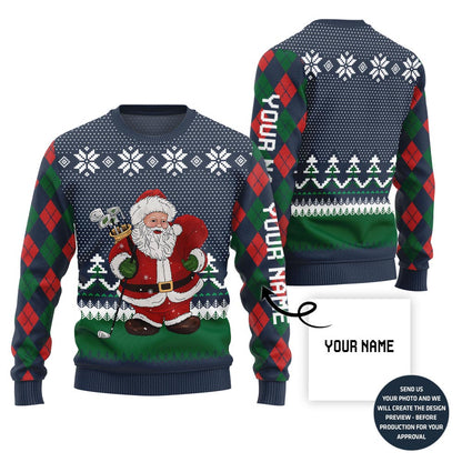 Custom Name Santa Playing Golf Ugly Christmas Sweater